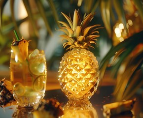 a pineapple sitting on top of a table next to a vase filled with flowers and a pineapple on top of a table.