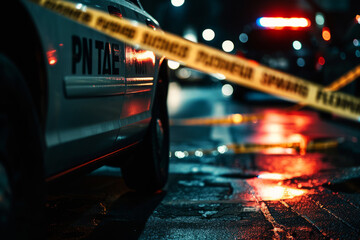 Crime scene with secure tape and police car in night, Detectives investigating murder in restricted zone - obrazy, fototapety, plakaty