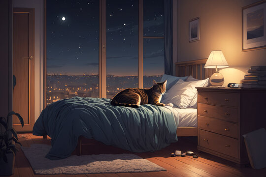 Illustration, Cozy Bedroom With Cat Relaxing In Bed, Comfortable Room With Warm Light, No People, View Of City And Night Sky With Stars Through Big Window. Relaxing, Calm Background.