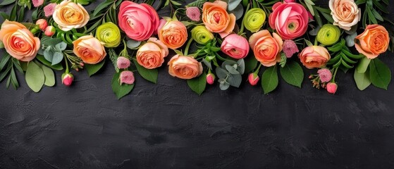 a bunch of different colored flowers on a black background with a place for a text or an image to put on a card.