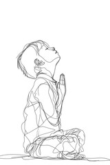 Fototapeta na wymiar Little kid sitting on the ground praying. Continuous line drawing. Vector illustration.