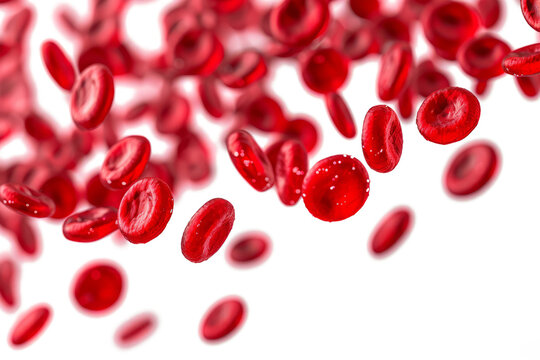 Flowing red blood cells isolated on transparent background, Blood circulation system in the human body, Microbiology concept