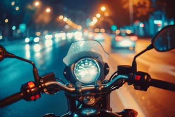 Foto op Plexiglas Cropped image of motorbike in the night, first point view. Stunning night cityscape featuring a sleek motorcycle cruising through illuminated streets © Lazy_Bear