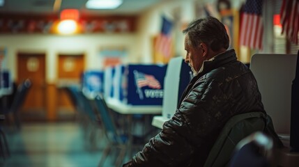 Senior man sitting in polling station during election day.