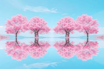 pink sakura trees and blue sky background in the styl