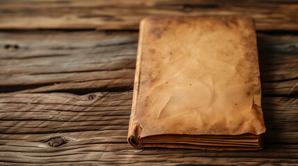 Fototapeta premium An old yellow paper, notebook book with yellow sheets lies on a wooden table with room for your text