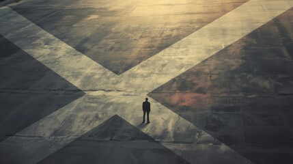 Businessman standing in front of a crossroad on a concrete floor. Concept of purpose, direction and decision in life. - obrazy, fototapety, plakaty