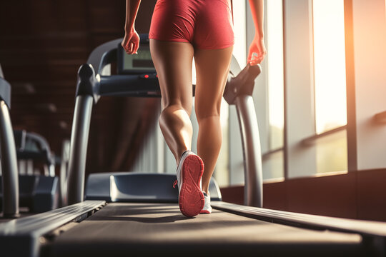 legs of bodybuilder and athlete woman on treadmill in training, exercise or fitness with strong muscles in gym for health.