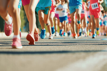 Happy children running together. Group of joyful kids enjoying run. Diverse children competing in running race - obrazy, fototapety, plakaty