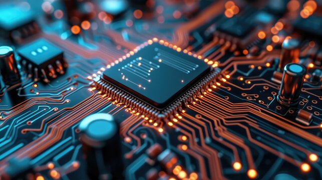 Close-up of a microchip in the center of a circuit board featuring intricate lines and glowing electronic components.