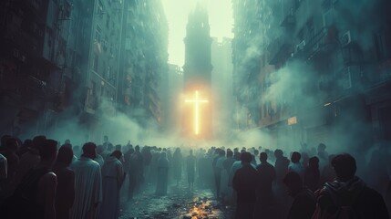 Crowd of people looking at a bright cross in the middle of the street ona foggy day. - obrazy, fototapety, plakaty