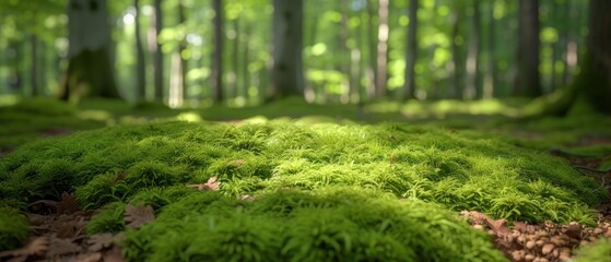 a green patch of grass in the middle of a forest with a lot of trees and leaves on the ground.