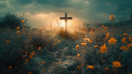 Cross in the meadow at sunset. Foggy landscape.