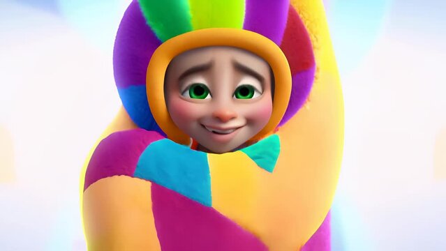 A cartoon character with an emotional face is wrapped in a bright blanket. Concept: fun, disobedience of children and activity