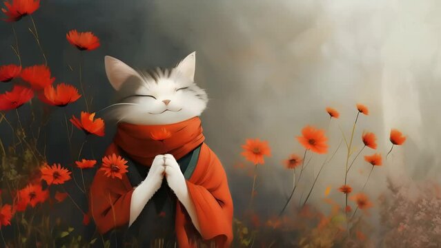Buddhist cat, animal worship, funny illustration of a cat with folded paws. Religious Sketch