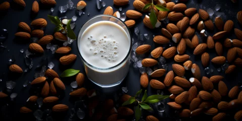 Selbstklebende Fototapeten Fresh Almond Milk shake in a Glass background and almond on floor and dark background  ©  Eman 