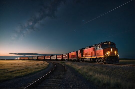 The train runs at night under the starry sky