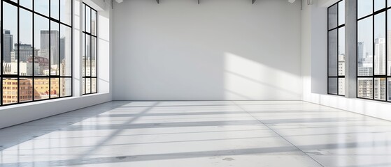 an empty room with large windows and a view of the city from the other side of the room is shown.