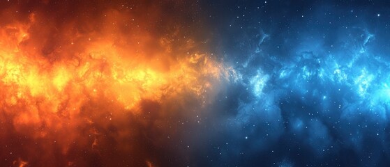 an image of a space scene with a bright blue and a bright orange star in the center of the image.