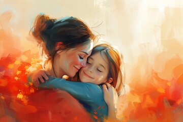 Capture a heartwarming moment in an image where a cute preschooler daughter hugs and cuddles with her smiling young mother - obrazy, fototapety, plakaty