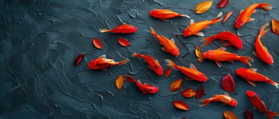a group of orange and yellow fish floating on top of a body of water with water droplets on the surface. - obrazy, fototapety, plakaty