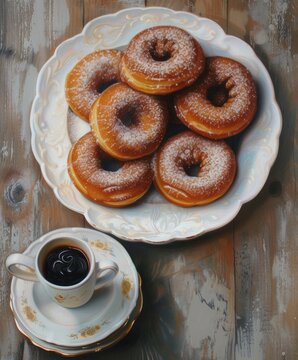 a painting of a plate of donuts and a cup of coffee on a saucer on a wooden table.