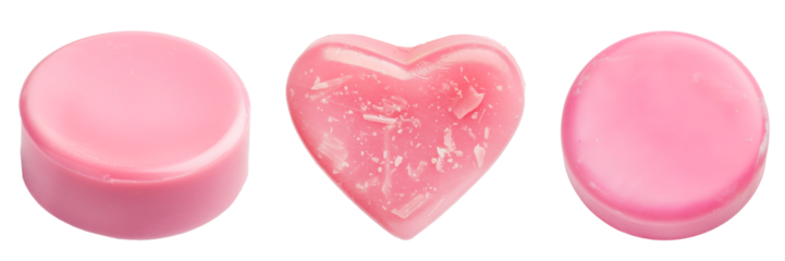 Set of a different pink soaps isolated on a white or transparent background. Heart and round shaped soap for washing dishes or hands close-up. A design element to be inserted into a design or project.