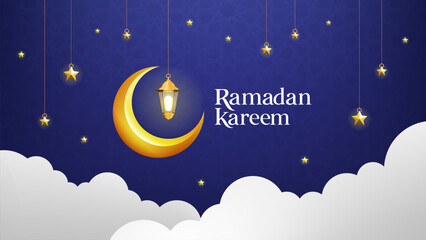 Ramadan Kareem Greetings with an Arabic Hanging Lamp in a Beautiful Crescent Moon together with hanging Stars and Clouds. Vector Banner Background.