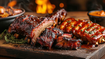 Indulge in a smoky and savory feast with slowcooked favorites like brisket pulled pork and ribs fresh from the smokehouse. The rustic ambiance accompanied by the scorching - obrazy, fototapety, plakaty