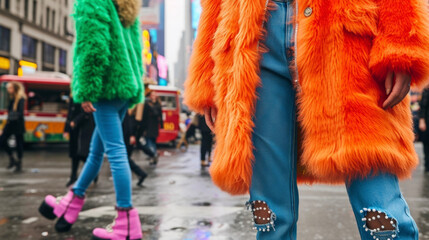 A vibrant colored faux fur coat paired with ripped skinny jeans and platform sandals creating a...