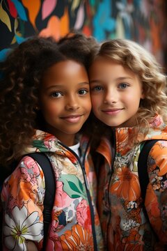 Retrato de dos niñas pequeñas con atuendos de flores y mochilas escolares. Una niña con pelo  rizado, morena y la otra con pelo rubio. Regreso a clases y amistad.