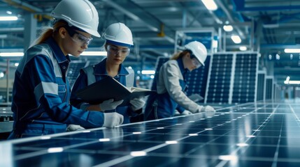 Group of female engineers working with solar panel At factory