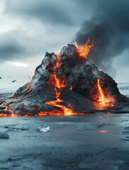 a large pile of lava on top of a body of water with a fire coming out of the top of it.