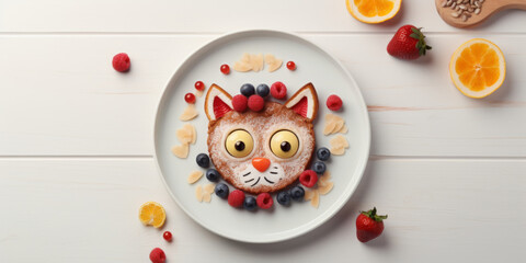 Pancake Cat Face with Fresh Berries on Light Blue Wooden Background