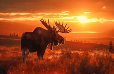 a moose is standing in a field with the sun setting in the background and clouds in the sky above it.