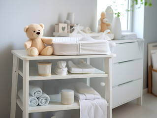 Pastel grey nursing room with changing table and baby stuff