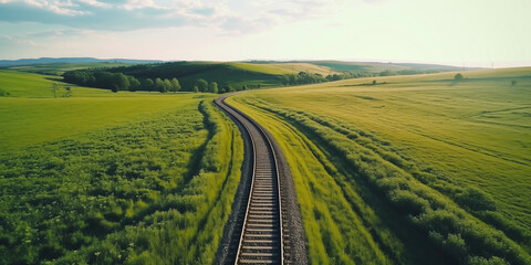Old railway among green field. Natural landscape in summer weather. Winding railway for trains