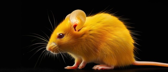 a close up of a yellow rat on a black background with a black background and a white rat on the right side of the rat's head.