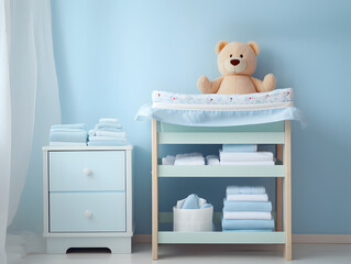 Pastel blue nursing room with changing table and baby stuff