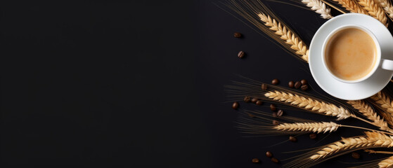 Golden Barley and Fresh Coffee Cup on Black Background