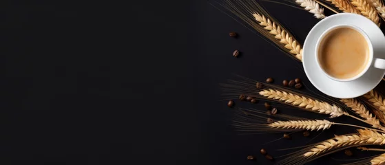 Fotobehang Golden Barley and Fresh Coffee Cup on Black Background © Priessnitz Studio