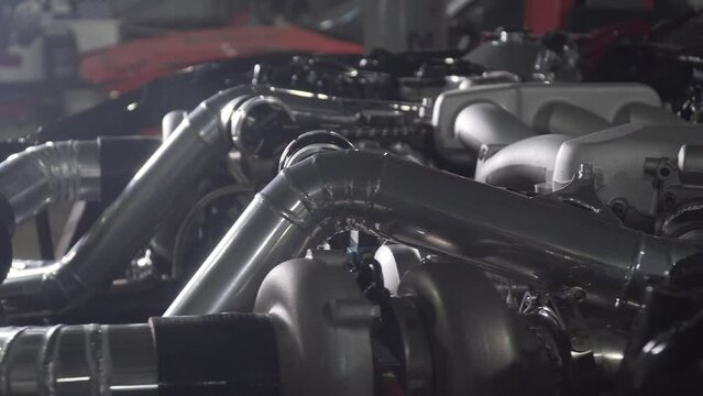 Tuning car. engine in garage. the drift car . Car service. Close-up, Car Repair at Service station. avttomobile engine block at service station, brake pads, polishing cars, automobile 