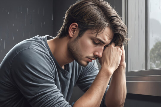 Illustration of young depressed man isolated at home with hopeless expression, it's raining inside the room, the guy is in a state of emotional dispair. Depression and isolation concept