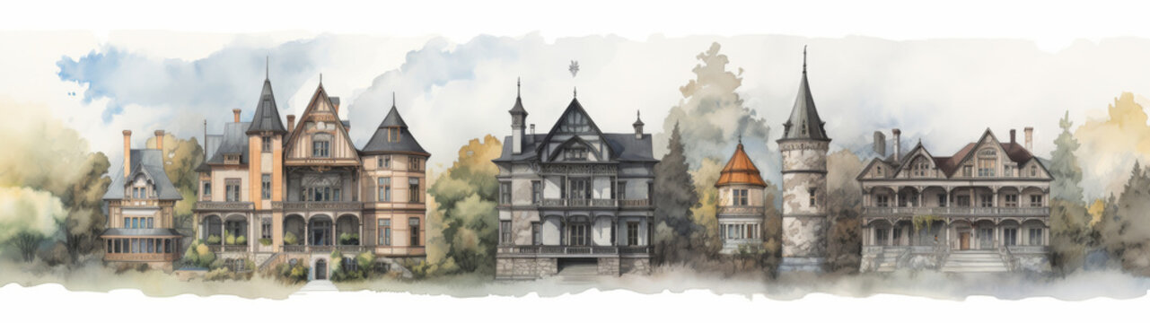 Watercolor of Victorian Mansions Amidst Autumn Forest