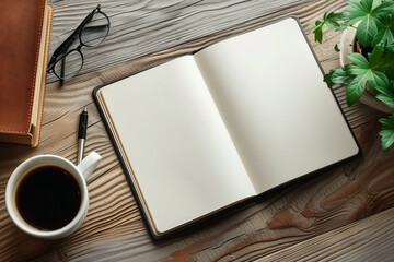 planner on a wooden table, next to a cup of coffee, a pen and glasses, top view