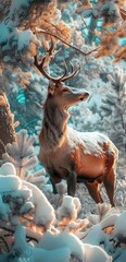 a deer standing in the middle of a forest with snow on it's ground and trees in the background.