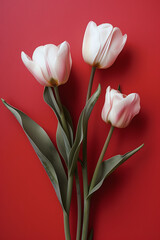 pink tulips arranged on a red background in the style