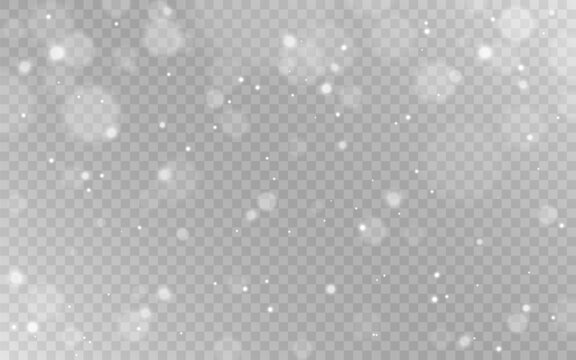 Bokeh light. White particles effect. Bright silver circles. Shining dust background. Glowing sparks texture. Magic bokeh lights and flares. Vector illustration