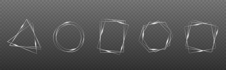 Silver frames. Glowing borders collection. Shining rectangles with flares. Modern invitation elements. Wedding luxury design. Round and square metal border set. Vector illustration