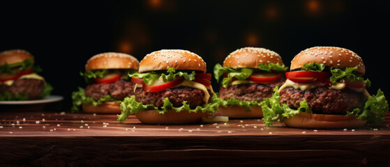 Gourmet Beef Burgers with Fresh Toppings on Rustic Wooden Table